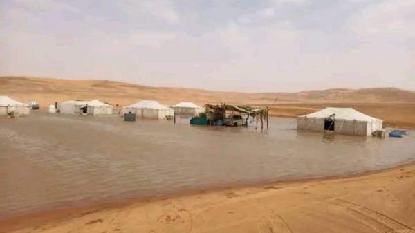 تضرر أكثر من 400 مأوى للنازحين جراء سيول الامطار الغزيرة في مخيم الجفينة بمأرب