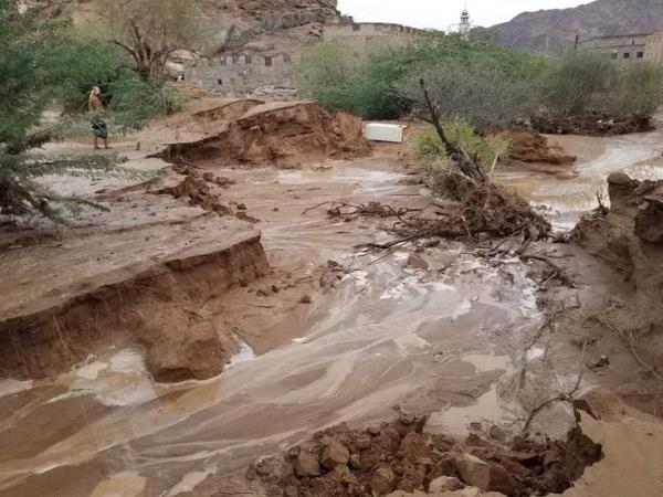السيول تجرف سيارة وتدمر أراضي زراعية في نصاب شبوة
