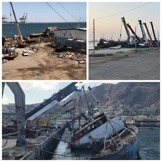 انتشال وتعويم أكبر سفينة غارقة في حوض ميناء الاصطياد السمكي بعدن